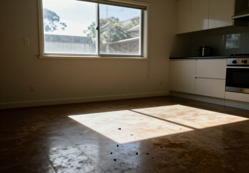 Cockroach infestation in a Rhodes apartment kitchen before treatment