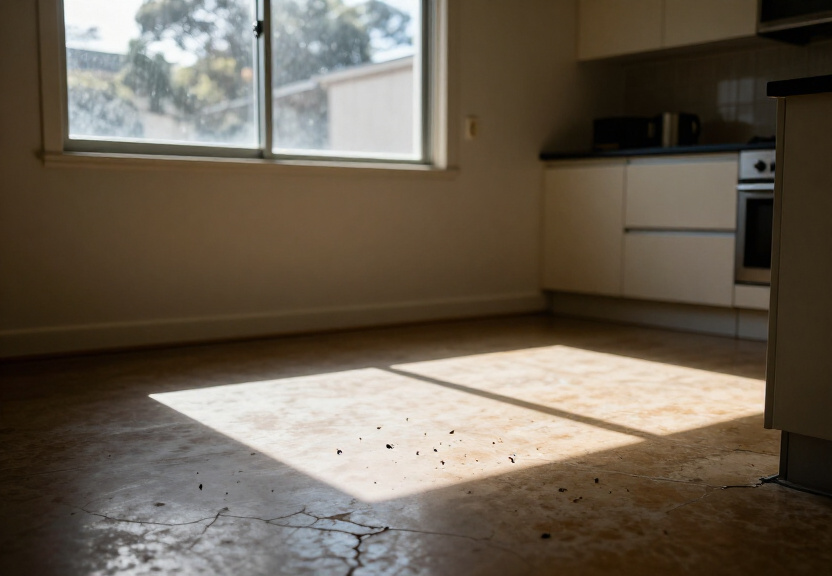 Rodent droppings in a Rhodes warehouse before pest control